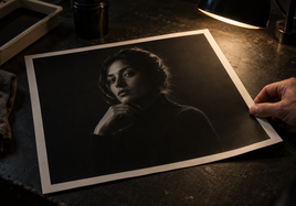 Matte low-key portrait proof under a viewing lamp, with the face, hand, hair, and shoulder distinct from the dark background.