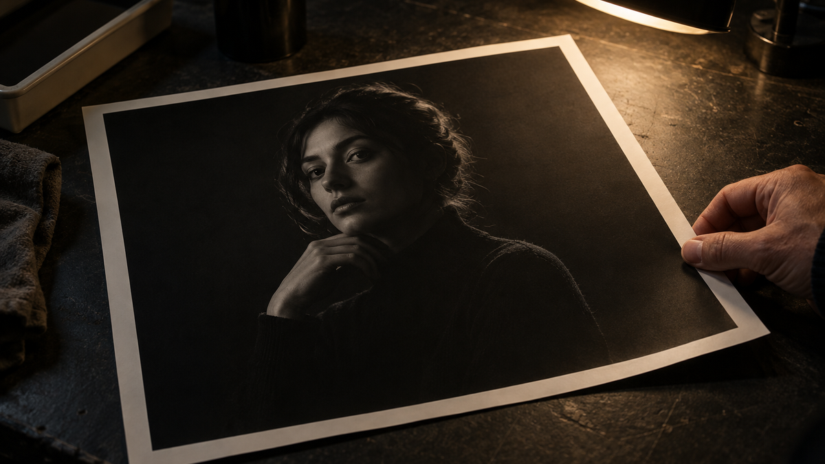 Matte low-key portrait proof under a viewing lamp, with the face, hand, hair, and shoulder distinct from the dark background.