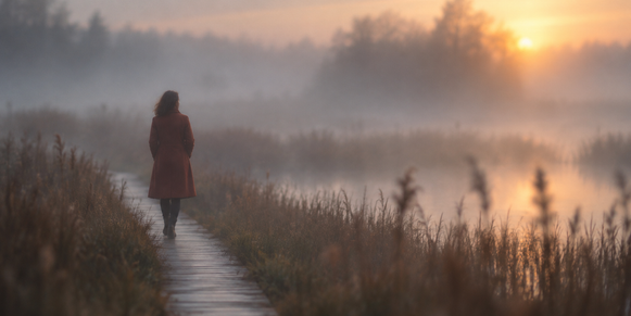 Intentionally soft photograph of a figure on a foggy boardwalk, with the silhouette and pale path guiding the eye.