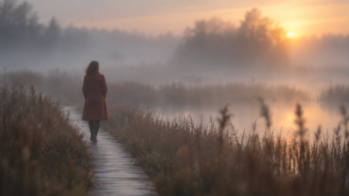 Intentionally soft photograph of a figure on a foggy boardwalk, with the silhouette and pale path guiding the eye.
