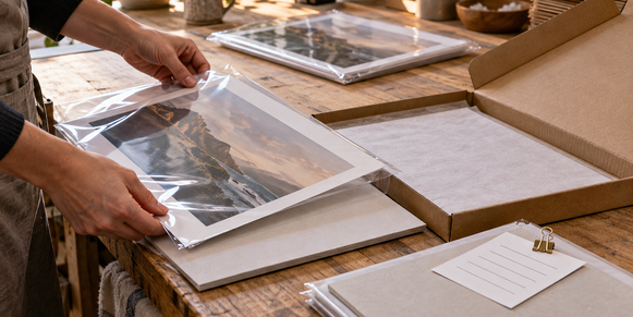 Hands sleeve a fine art print beside backing boards, an open mailer, and a blank packing record card.