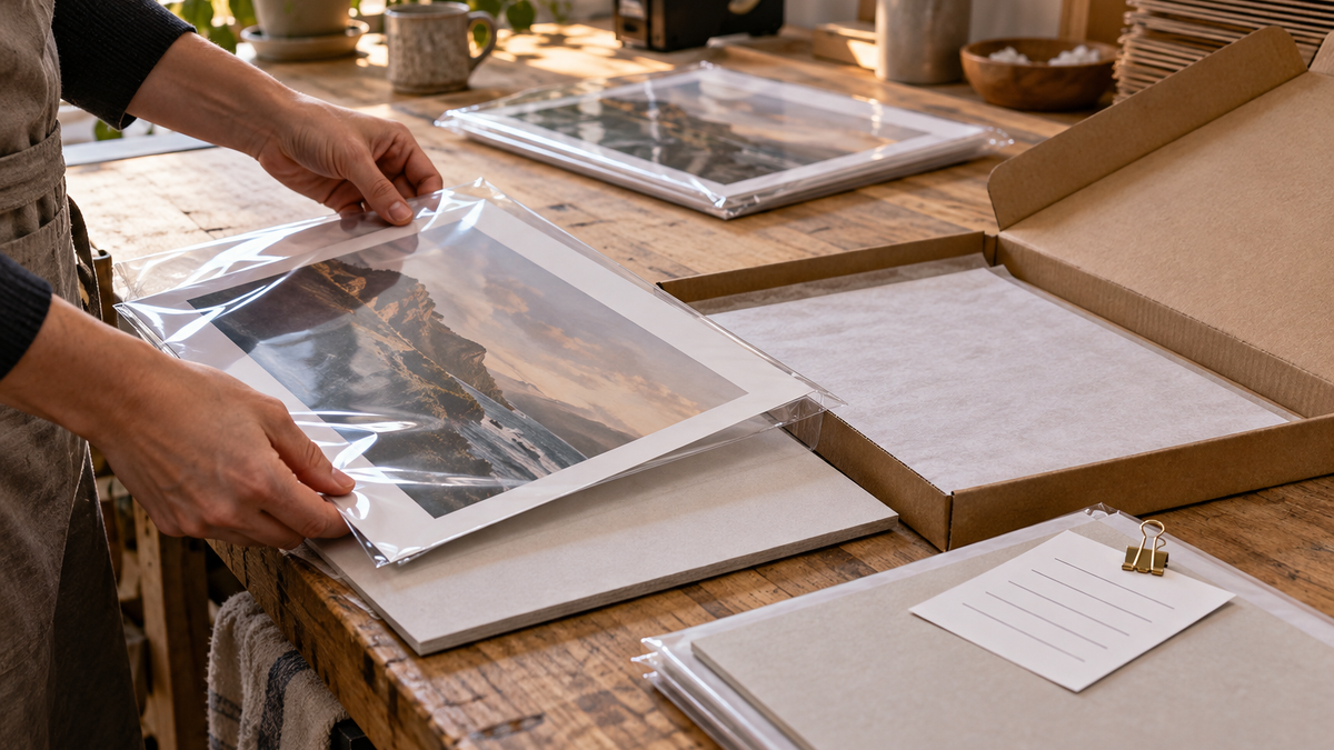 Hands sleeve a fine art print beside backing boards, an open mailer, and a blank packing record card.