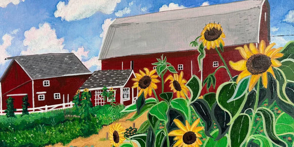 Sunflower and red barn painting by Sharay Lawson