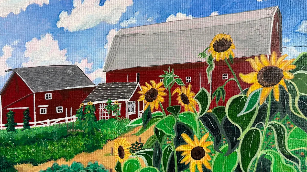 Sunflower and red barn painting by Sharay Lawson