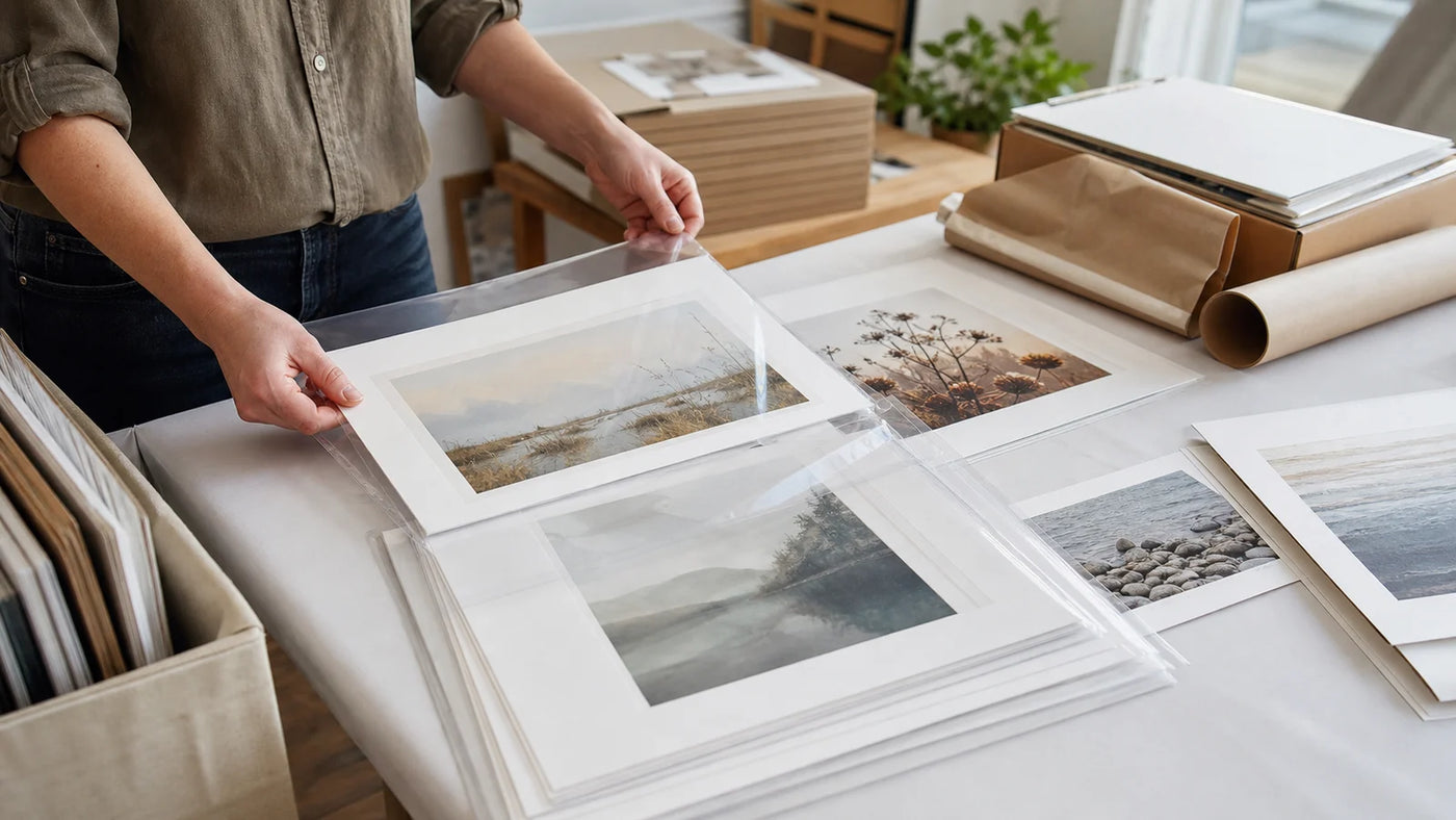 Artist placing fine art prints into clear protective sleeves at a studio worktable