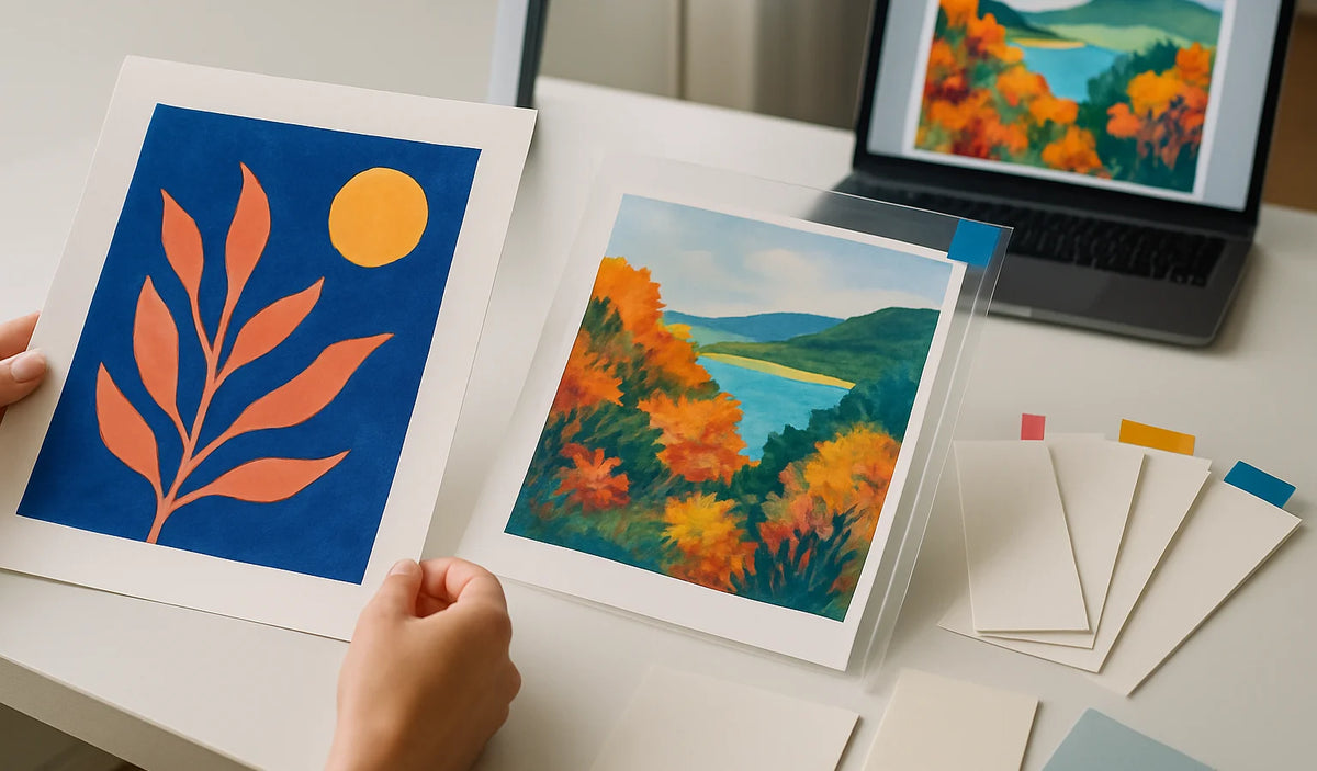 Hands comparing colorful proof prints and paper swatches on a studio table