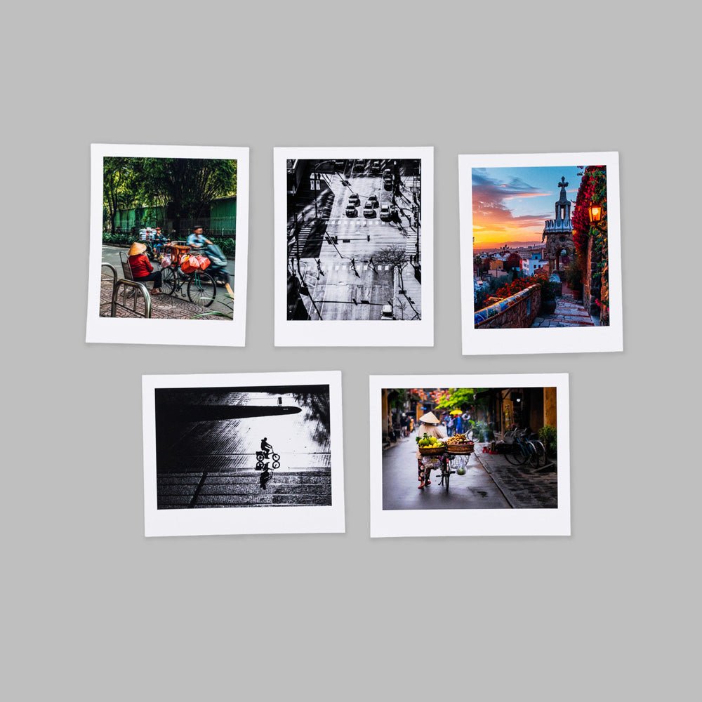 Five mini prints in horizontal and vertical formats with a weighted white border
