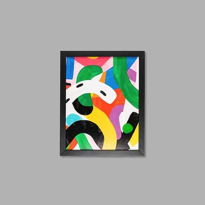 Black framed print with colorful abstract artwork on a gray background