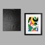Front and back views of a black framed print with a white mat thumbnail