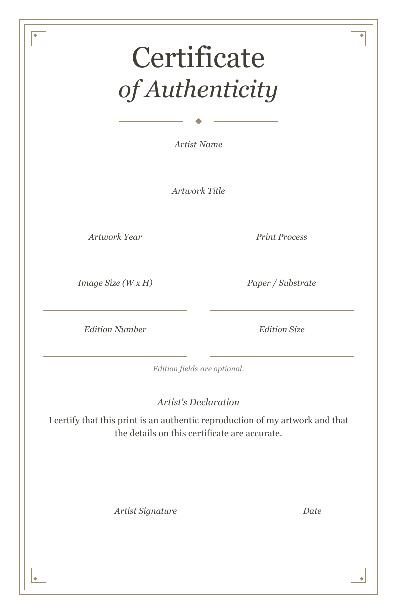 Classic blank certificate of authenticity layout preview, 5.5 x 8.5 inches, with no branding on the certificate face