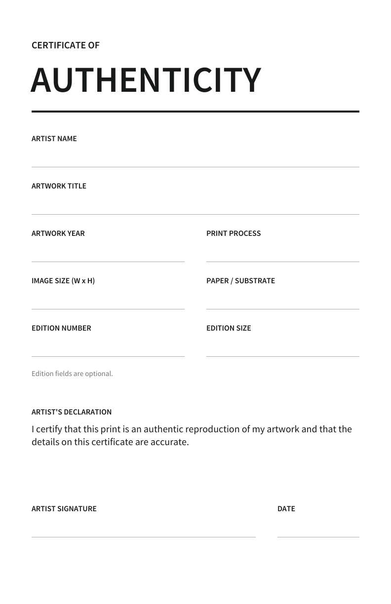 Modern blank certificate of authenticity layout preview, 5.5 x 8.5 inches, with no branding on the certificate face