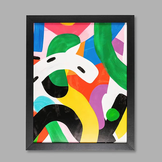 Black framed print with colorful abstract artwork and no mat
