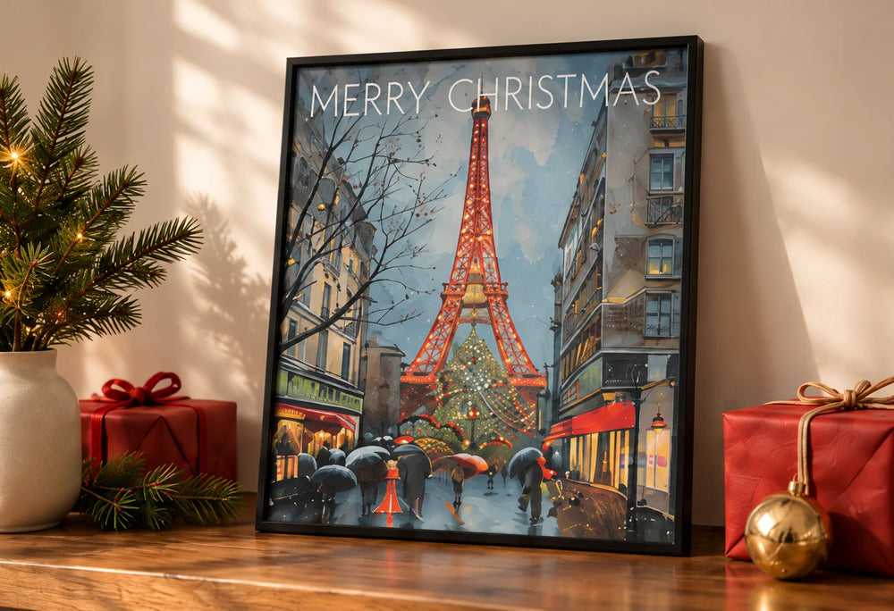 Framed winter Paris artwork with an evergreen and wrapped gifts