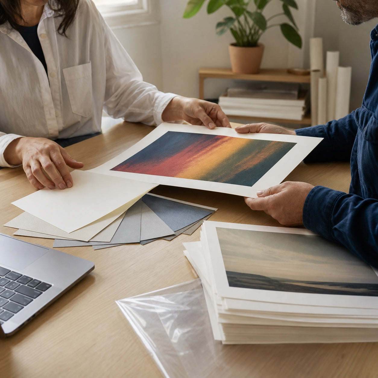 Artist and print specialist reviewing a fine art proof and paper samples at a studio table